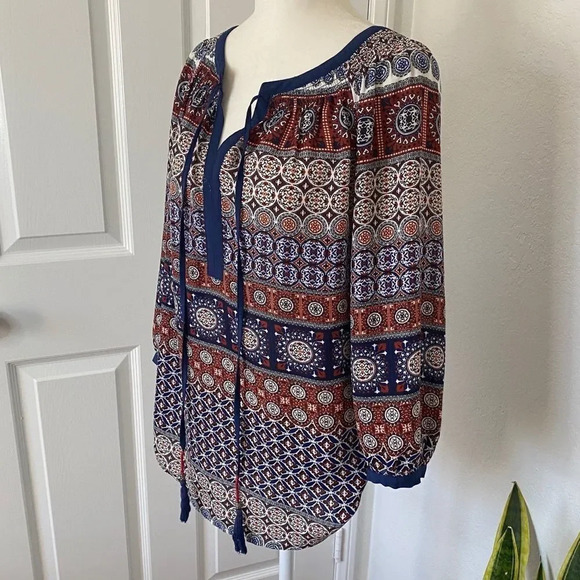 Like New Daniel Rainn Stitch Fix Paisley 3/4 Sleeve Length Blouse with Tassels - Picture 8 of 14